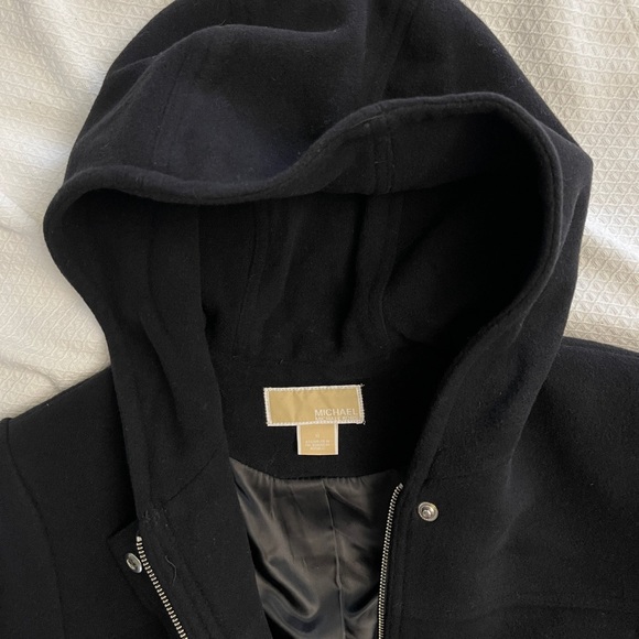 Michael Kors Black Wool Zip Snap Button Front Hooded Pocket Mid Knee Overcoat - Picture 8 of 11